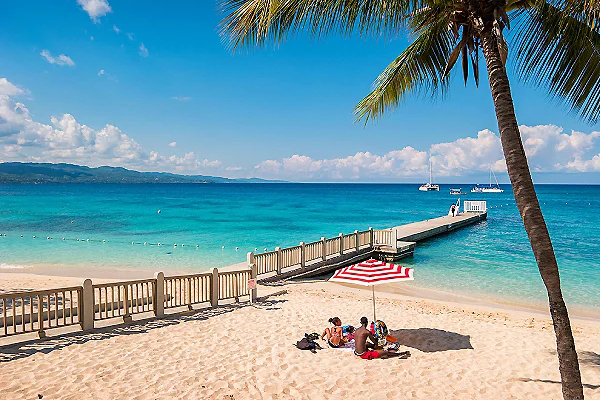 Playa tropical con muelle y palmera, cielo azul y mar turquesa.