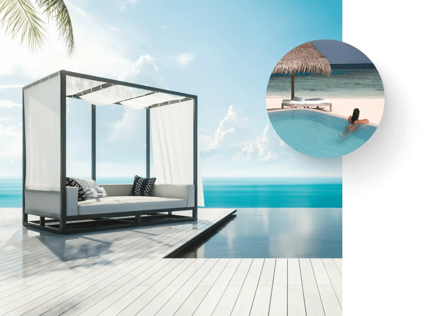 Terraza frente al mar: cama balinesa, piscina y caba&ntilde;a con techo de palma