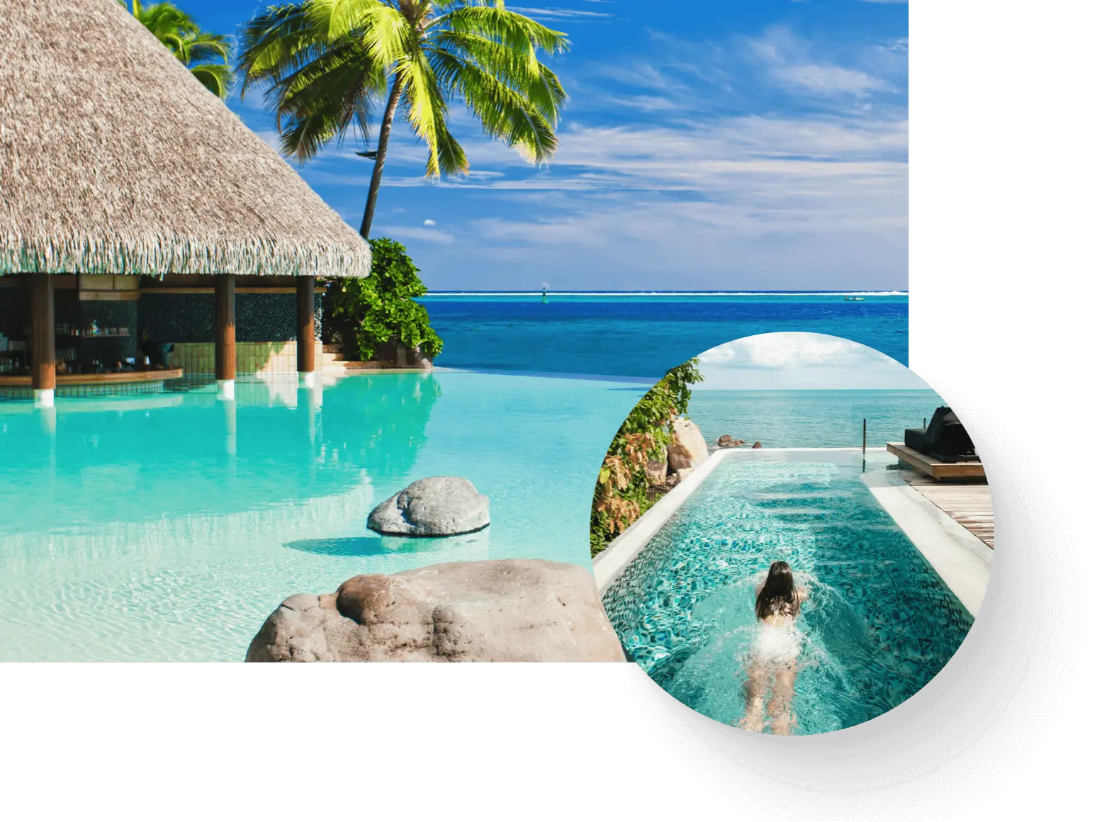 Vista de piscina tropical con palmeras y cielo azul, junto al mar