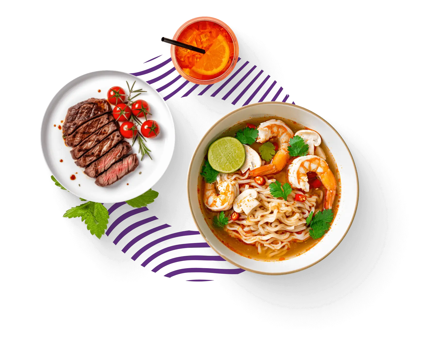 Plato con carne y tomate, taz&oacute;n de ramen con camarones y lim&oacute;n, bebida naranja