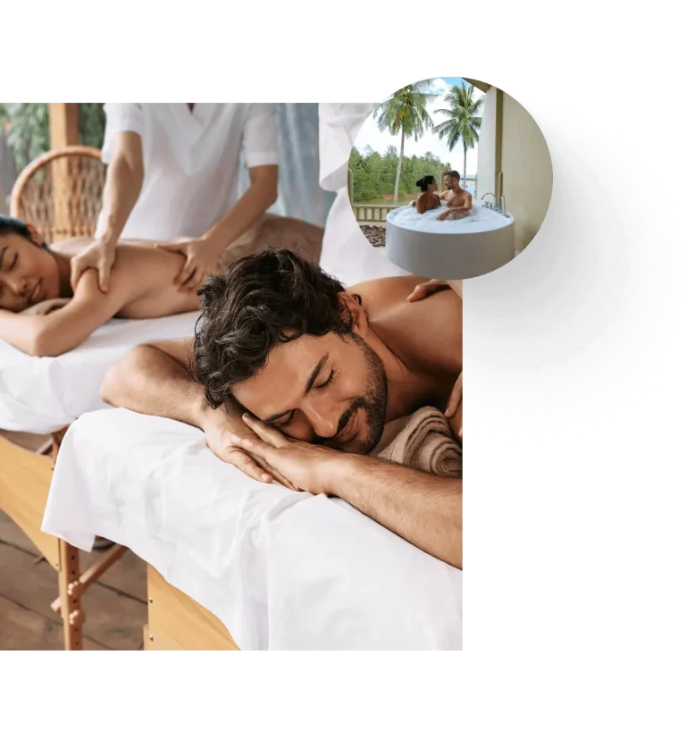 Pareja recibe masaje en spa; c&iacute;rculo muestra jacuzzi al aire libre con palmeras