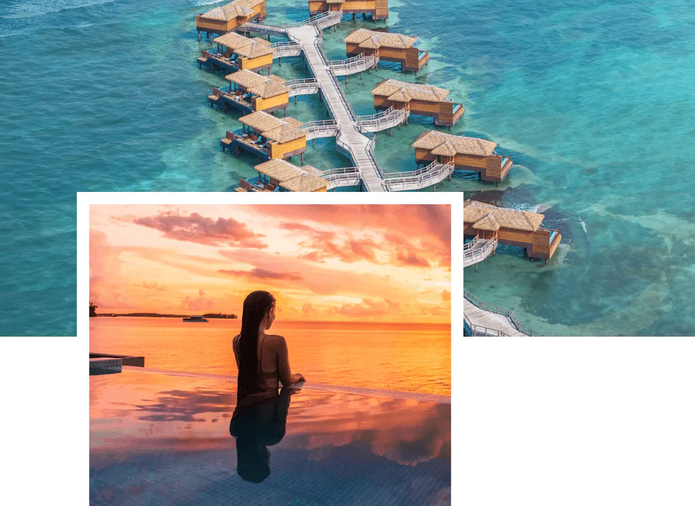 Pasarela sobre el mar con bungalows y una persona mirando el atardecer