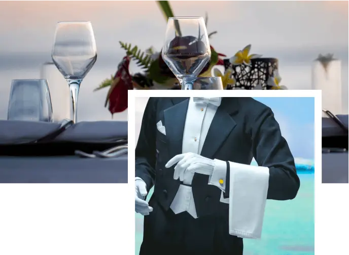 Hombre con traje y guantes junto a piscina, brindis sobre mesa