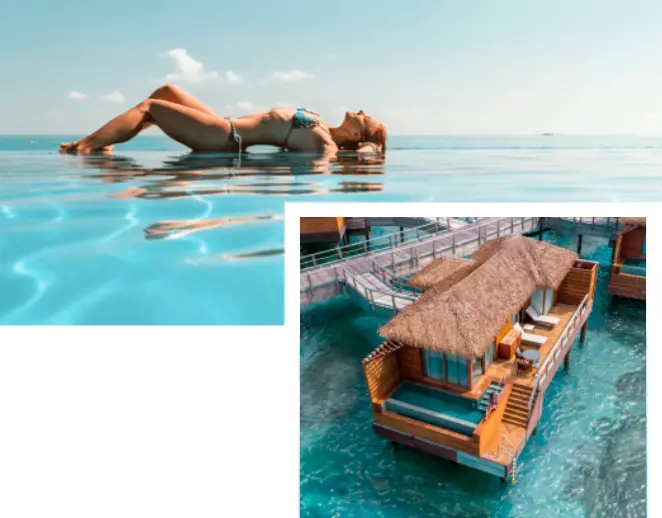 Mujer relaj&aacute;ndose en el mar y caba&ntilde;a flotante en un hotel acu&aacute;tico.