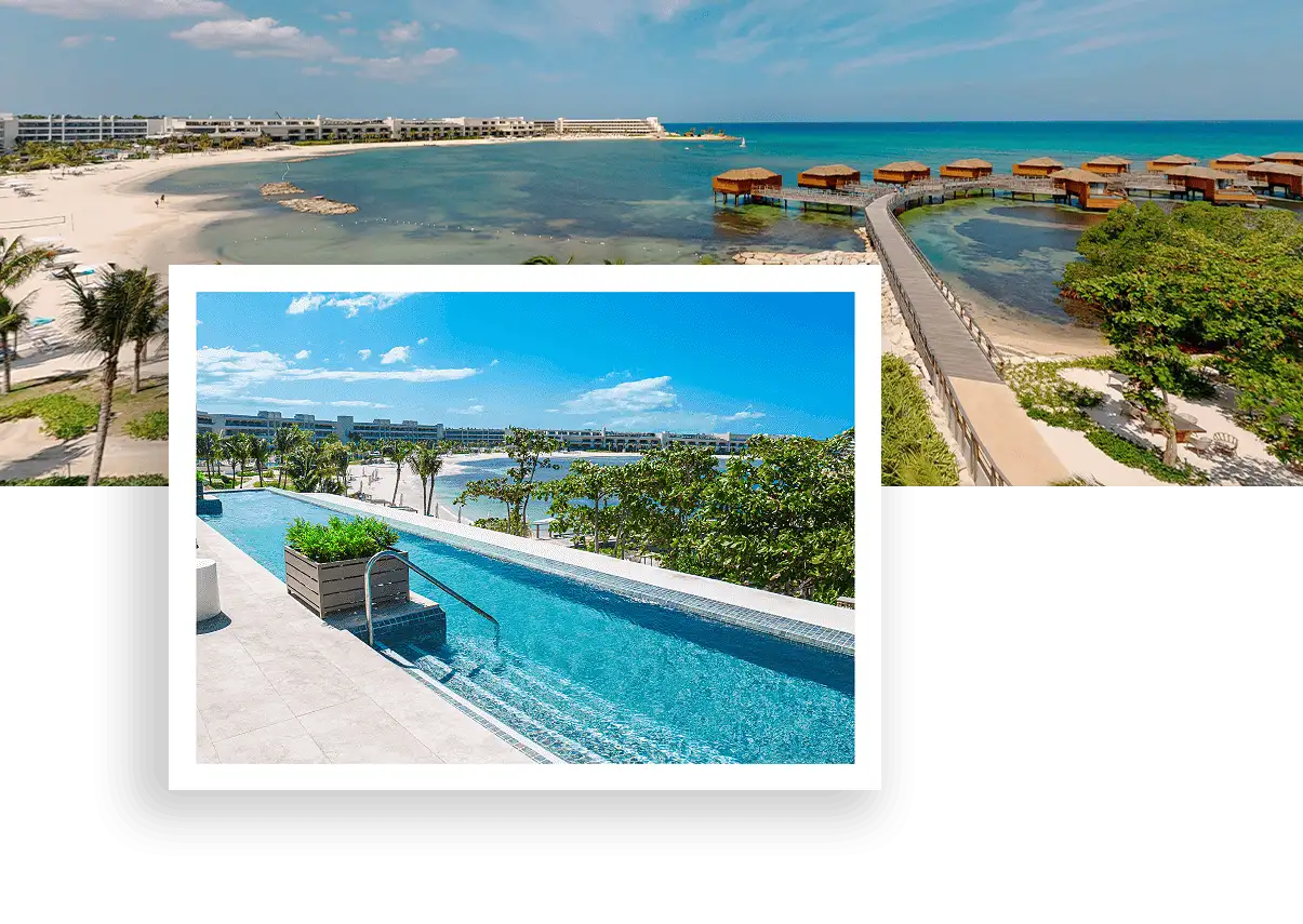 Hotel frente al mar con piscina y caba&ntilde;as junto a la playa, cielo azul.