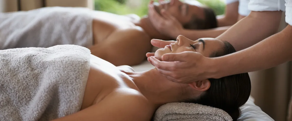 Masaje relajante en un spa, manos masajeando espalda y hombros de una mujer.