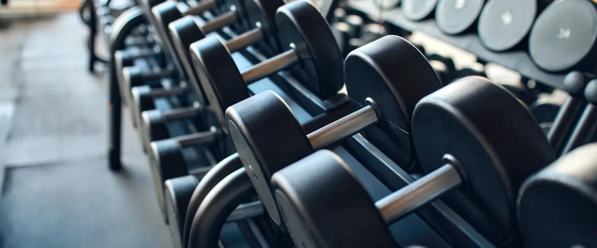 Mancuernas y pesas en gimnasio, con discos y barra de entrenamiento.