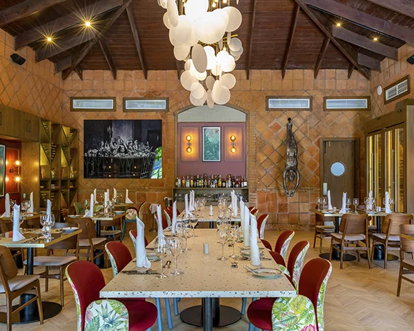 Comedor con mesa puesta y decoraci&oacute;n colgante en un sal&oacute;n r&uacute;stico.