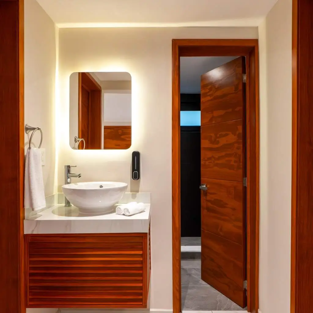 Ba&ntilde;o con lavabo moderno, espejo iluminado y puertas de madera.