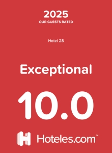 Calificaci&oacute;n excepcional 10.0 en 2025 para Hotel 28 seg&uacute;n Hoteles.com.