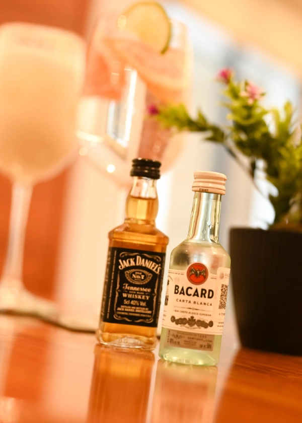 Botellas peque&ntilde;as de licor con una planta y bebidas al fondo.