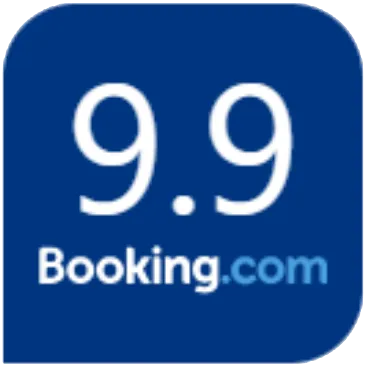 9.9 en Booking.com sobre fondo azul.