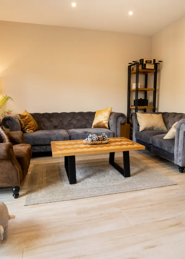 Sala con sof&aacute;s grises, mesa de madera, alfombra gris y estanter&iacute;a negra en la esquina.