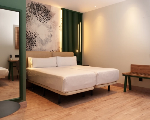 Habitaci&oacute;n moderna con dos camas, decoraci&oacute;n minimalista y luz suave.