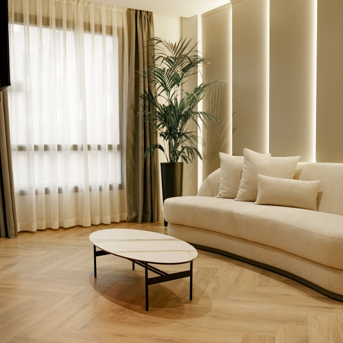 Sala moderna con sof&aacute; curvo, planta y mesa ovalada.