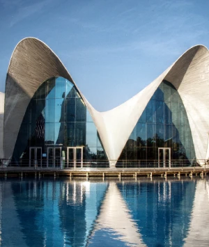 Edificio moderno con techo curvo reflejado en agua.