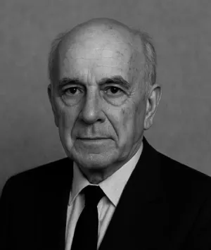 Retrato en blanco y negro de un hombre mayor con traje y corbata.