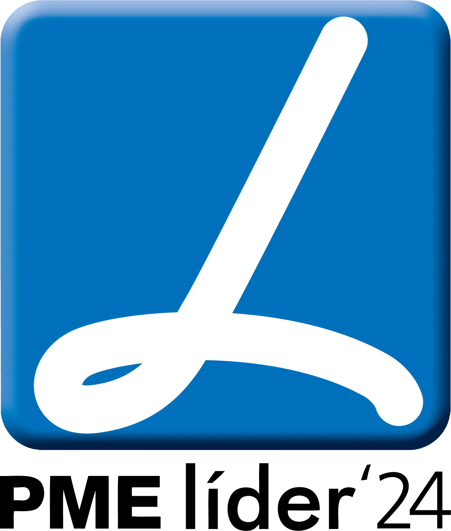 Logotipo PME L&iacute;der 2024 em fundo azul com s&iacute;mbolo branco.