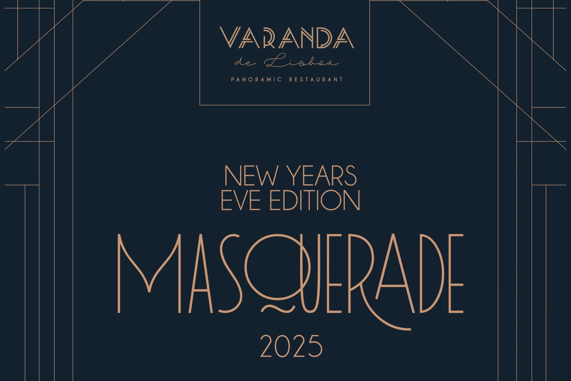 "Convite: Festa de Ano Novo Masquerade 2025 no Varanda de Lisboa."