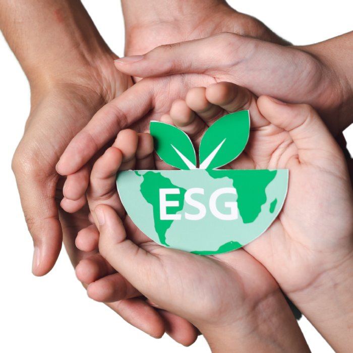 M&atilde;os segurando s&iacute;mbolo verde de ESG com folhas.
