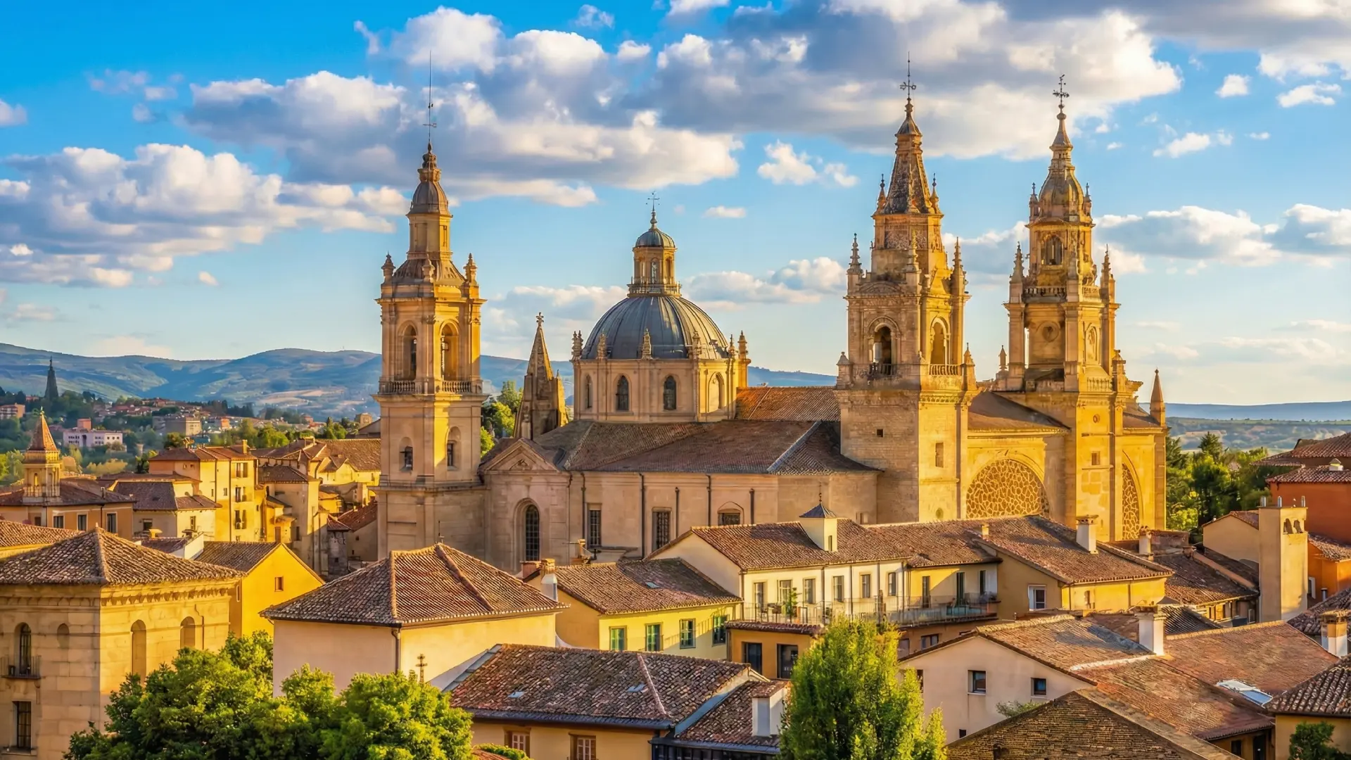 Catedral con torres y c&uacute;pula bajo un cielo azul y nubes.
