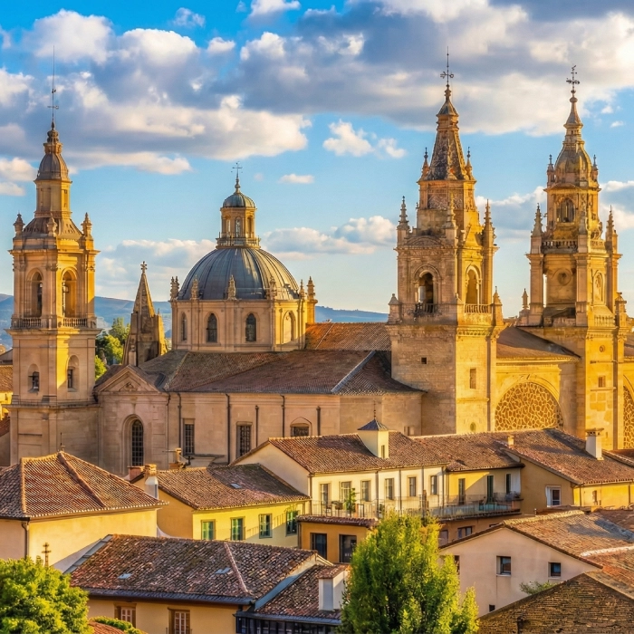 Catedral de Logro&ntilde;o al atardecer, con cielo azul y nubes.