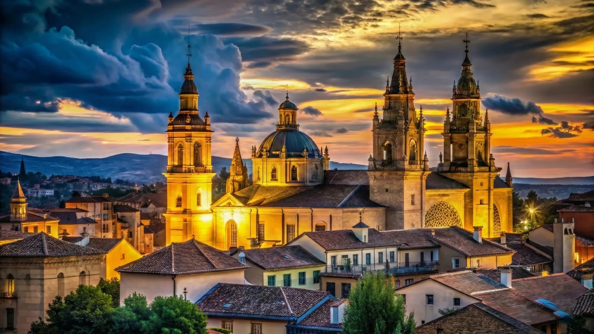 Catedral iluminada al atardecer con cielo dram&aacute;tico y nubes oscuras.