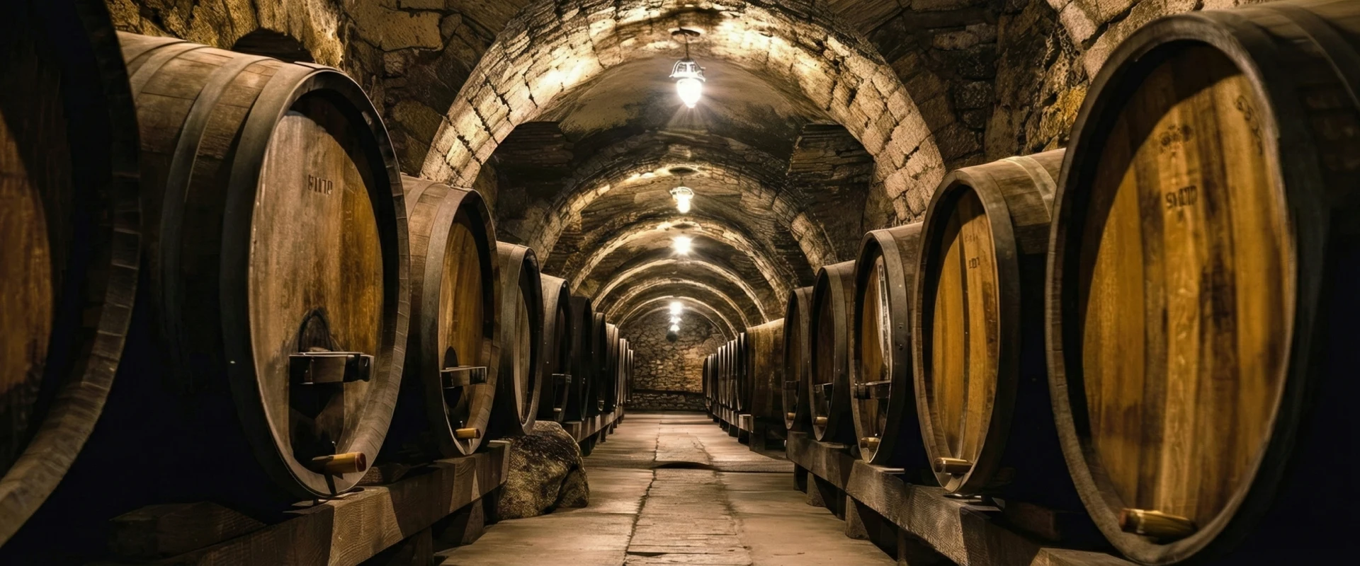 Bodega subterr&aacute;nea con filas de barriles de madera iluminados por l&aacute;mparas.