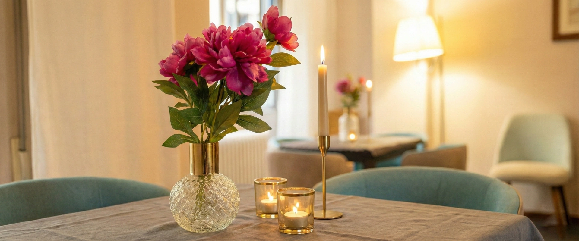 Florero con flores rosas y velas encendidas sobre mesa elegante.