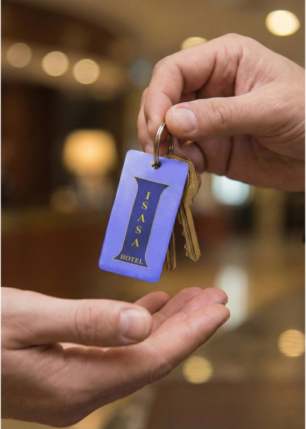 Llave de hotel con llavero azul siendo entregada de una mano a otra.