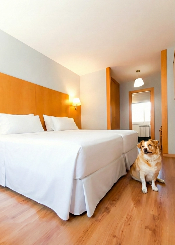 Habitaci&oacute;n con dos camas y un perro sobre el suelo de madera.