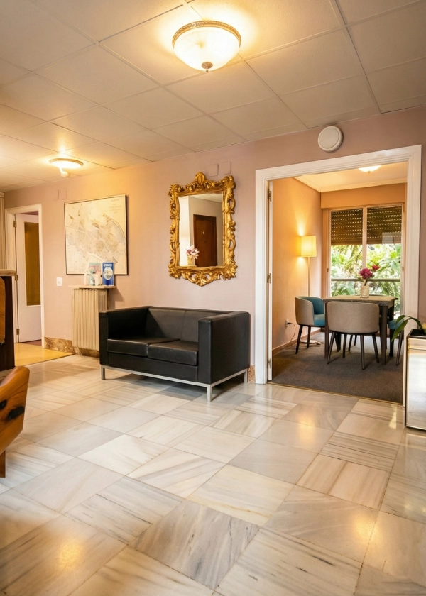 Sala de espera con sof&aacute;, espejo ornamentado y vista a un comedor acogedor.