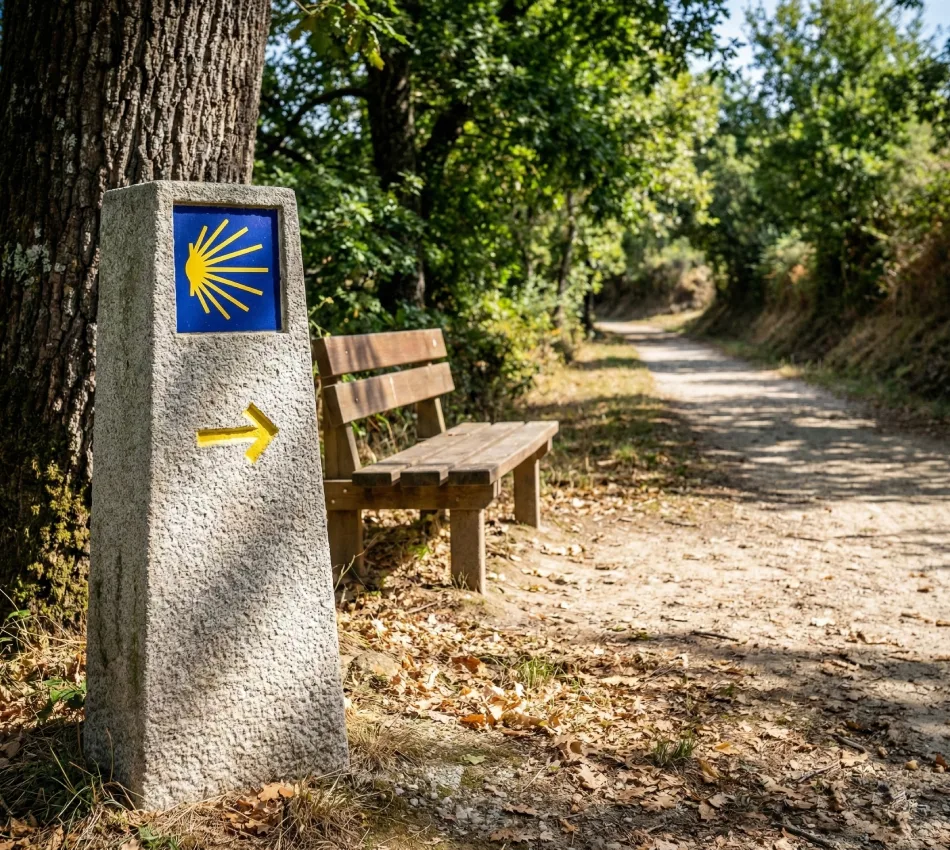 Camino arbolado con se&ntilde;al de flecha amarilla y banco a un lado del sendero.