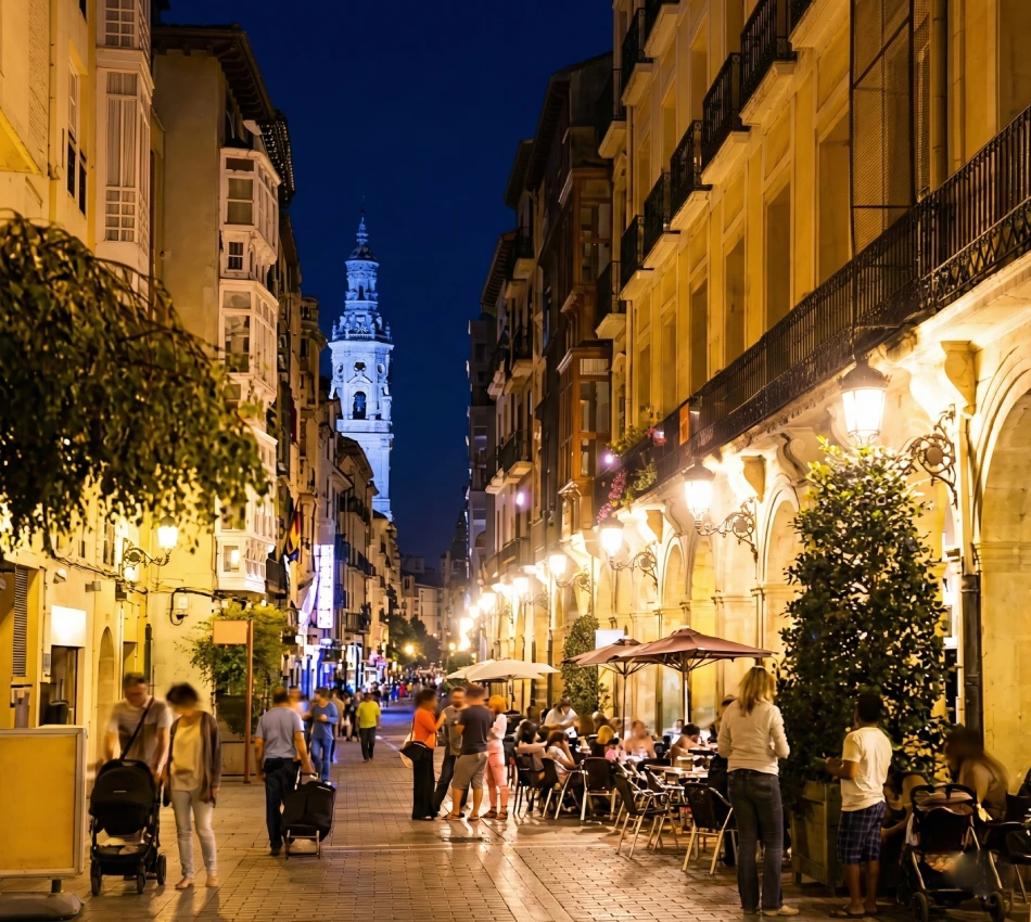 Calle nocturna animada con luces y personas en terrazas de caf&eacute;.