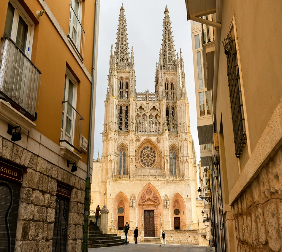 Catedral g&oacute;tica vista desde una calle estrecha en un d&iacute;a despejado.