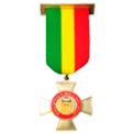 Medalla con cinta de colores verde, amarillo y rojo.