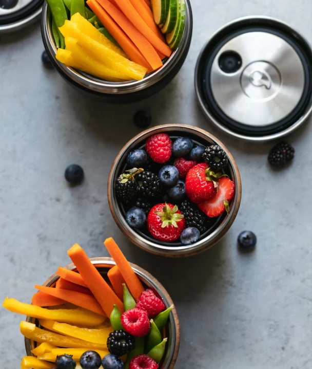 Tazones con frutas y verduras coloridas sobre una mesa gris.