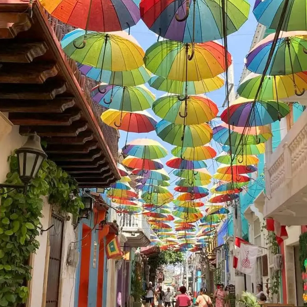 Calle decorada con paraguas de colores suspendidos en el aire.