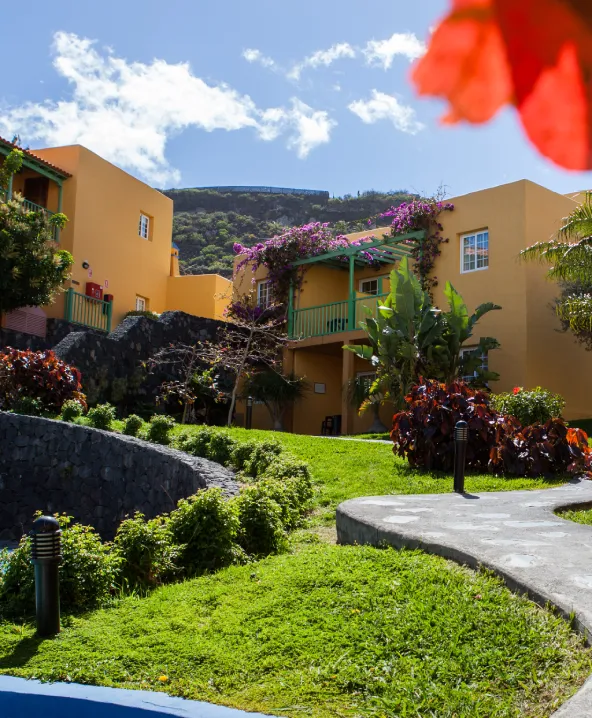 Casas amarillas rodeadas de plantas en un entorno monta&ntilde;oso y soleado.
