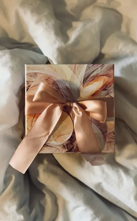 Coffret cadeau avec un ruban satin&eacute; sur un tissu blanc.