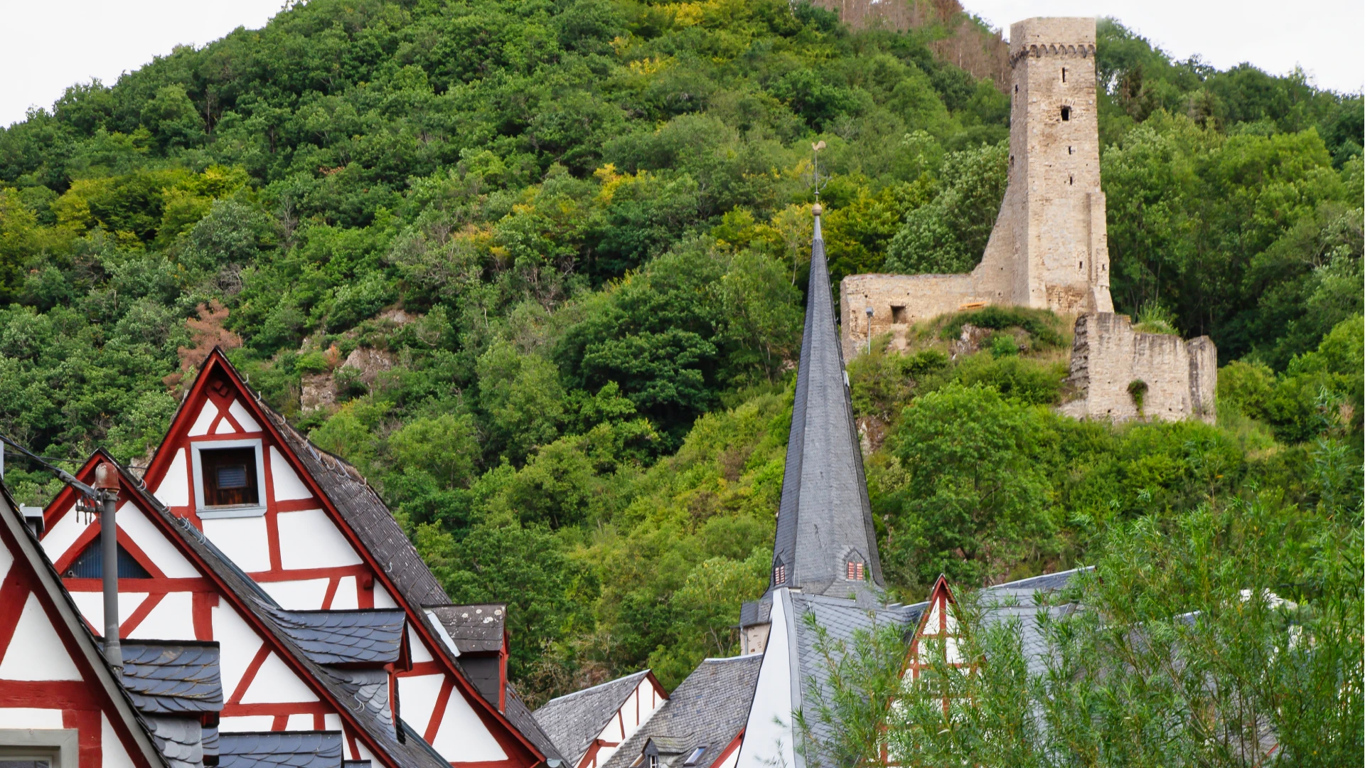 Maisons &agrave; colombages et ruine de ch&acirc;teau sur une colline bois&eacute;e.