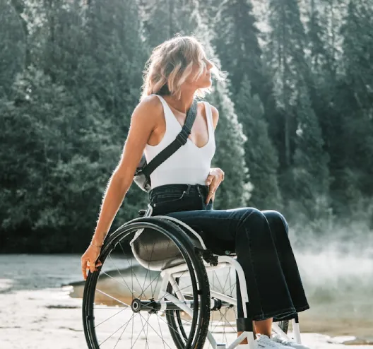 Une personne en fauteuil roulant devant une for&ecirc;t.