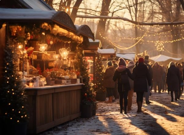 March&eacute; de No&euml;l avec chalets illumin&eacute;s au cr&eacute;puscule, foule marchant sur la neige.