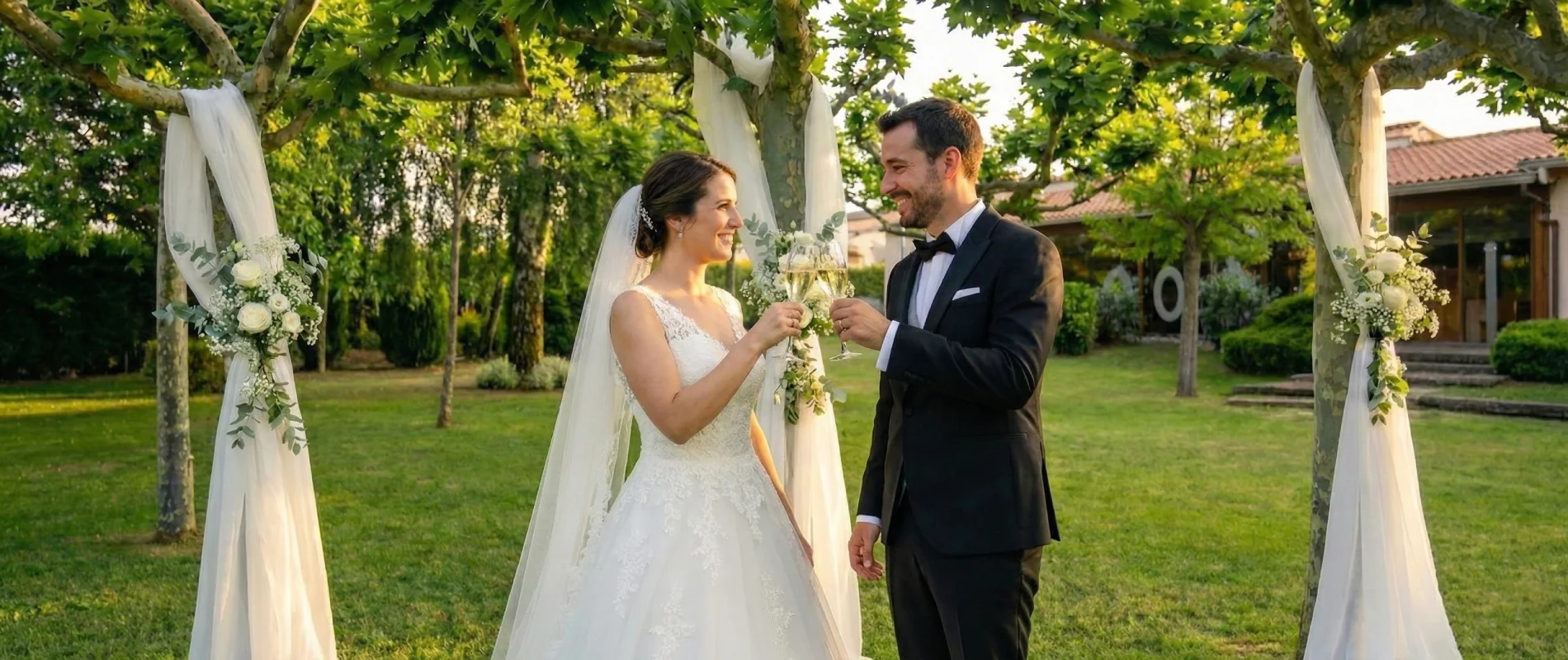 Pareja de novios brindando en un jard&iacute;n bajo un arco decorado.
