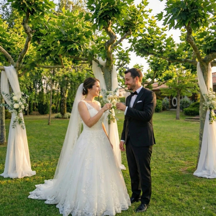 Pareja vestida de novios celebrando al aire libre con un brindis.