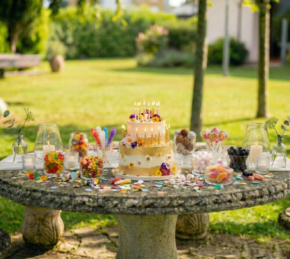 Mesa de fiesta con pastel y dulces en un jard&iacute;n al aire libre.