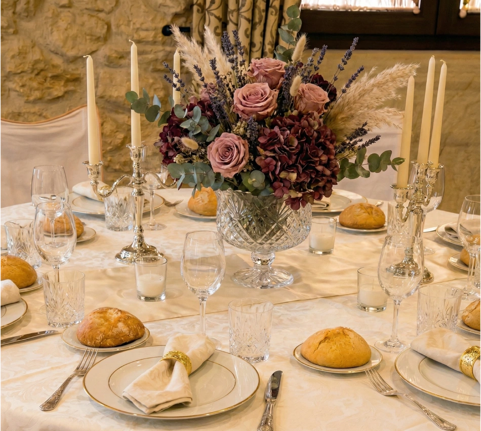 Mesa elegante con flores y pan, lista para la cena con velas altas.