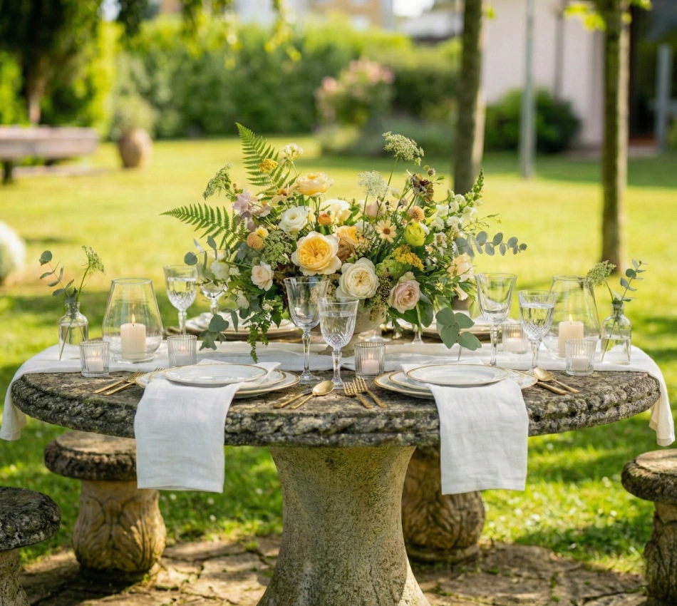 Mesa al aire libre decorada con flores, copas y velas en un jard&iacute;n.