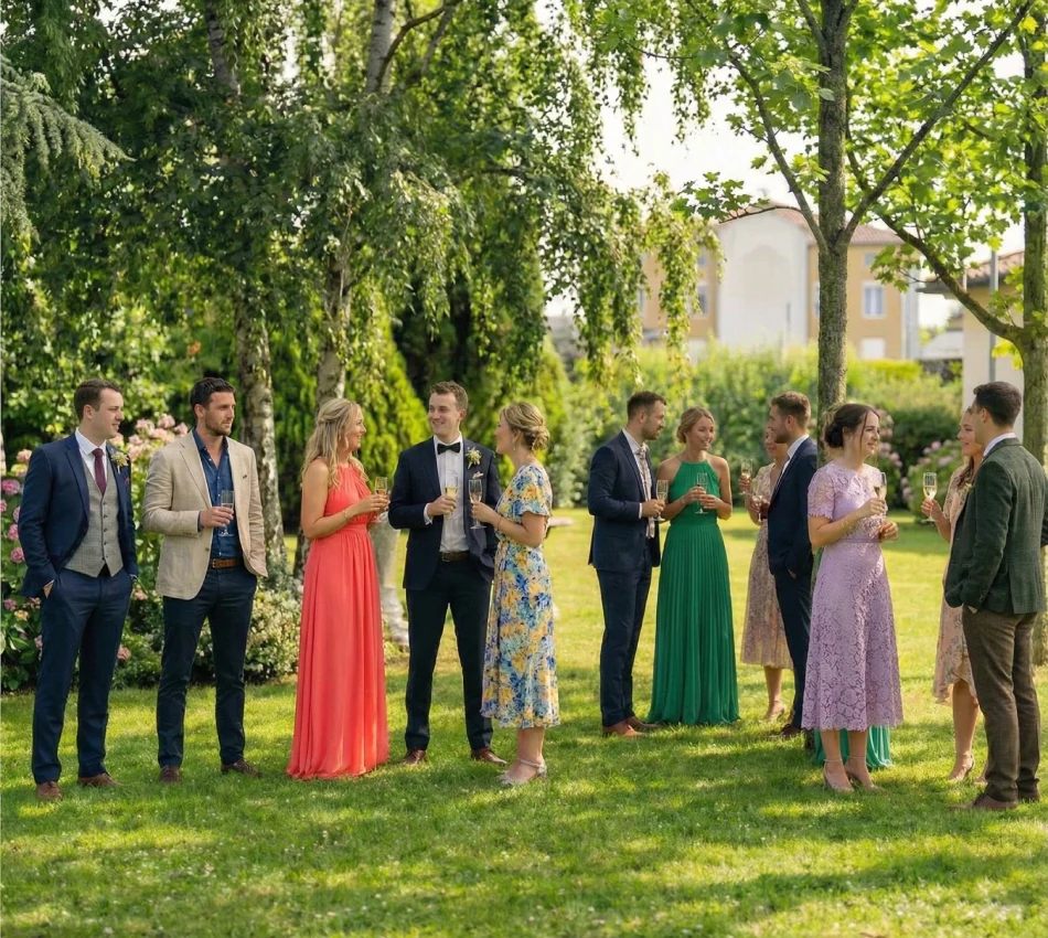 Grupo de personas elegantes conversando al aire libre en un jard&iacute;n.