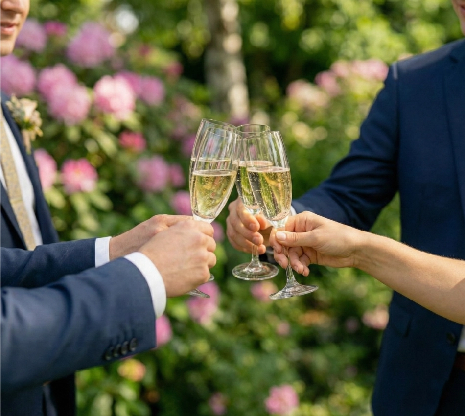 Tres personas brindando con copas de champ&aacute;n en un jard&iacute;n.